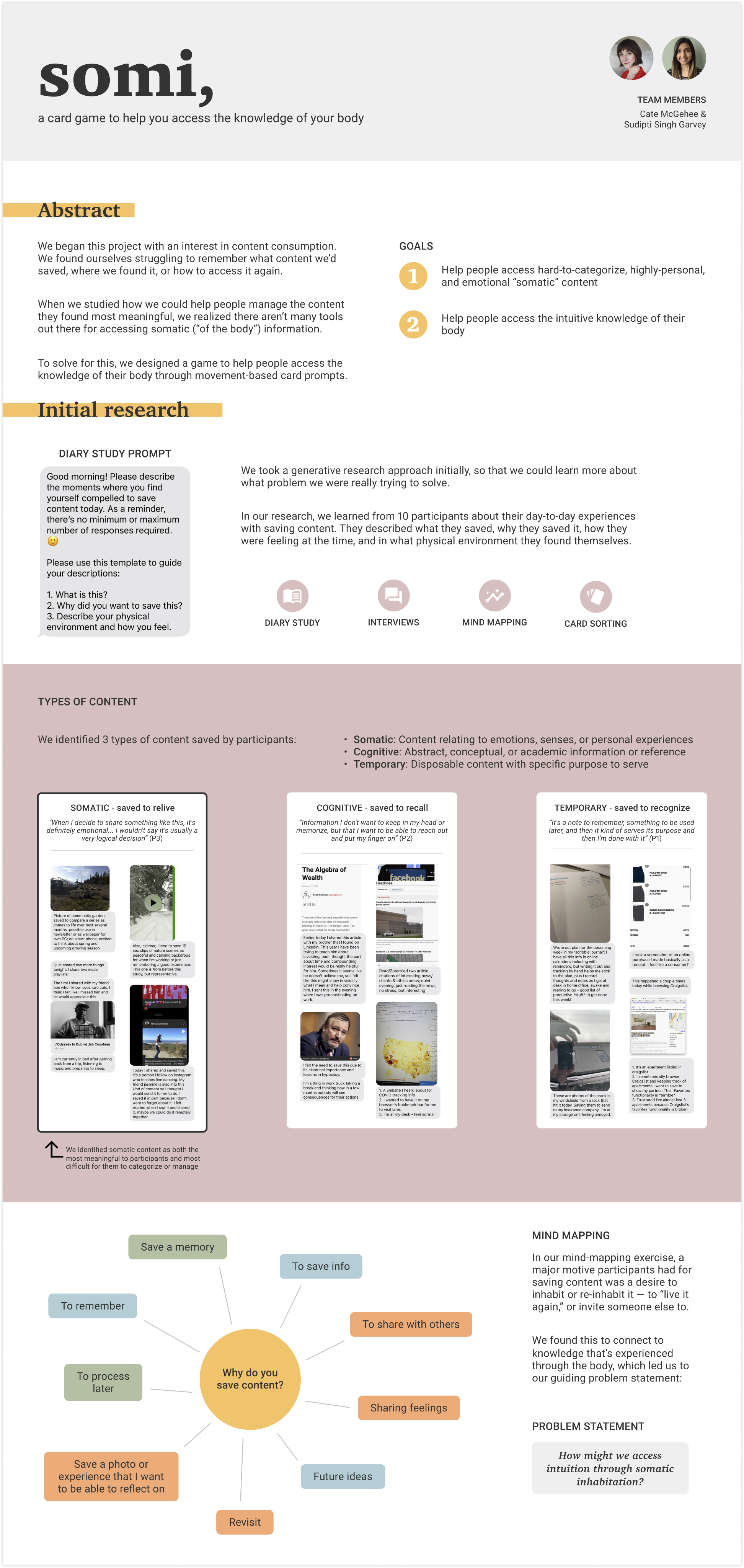 poster describing somi card game concept from initial research and insights through to the final solution design