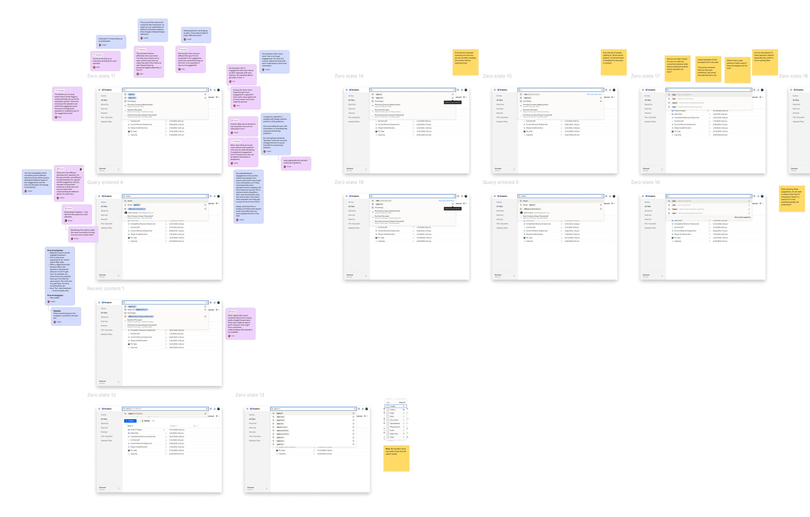 screenshots of progress work for the design and development of search operators in Dropbox product experience