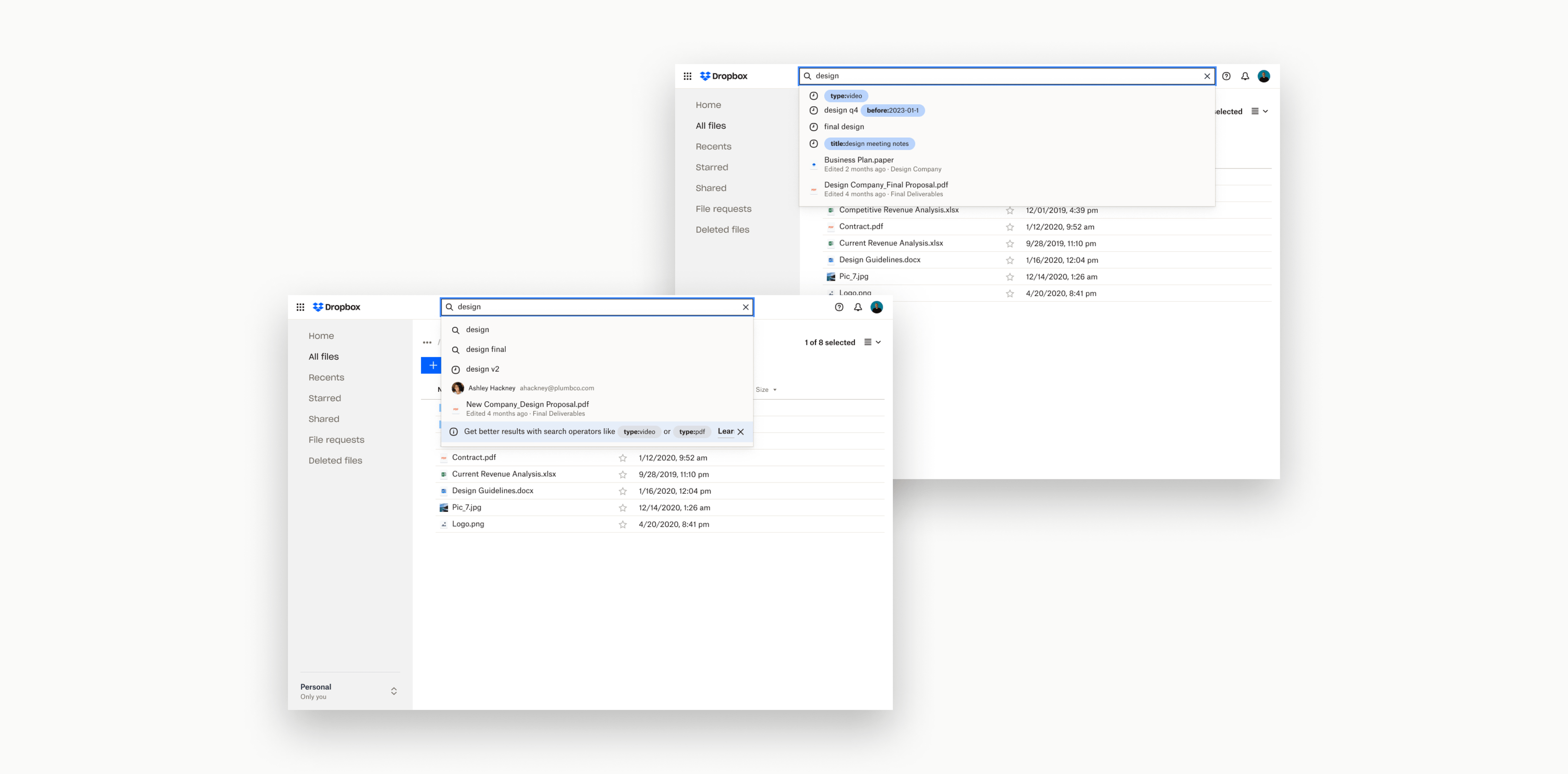 screenshot of file search experience on Dropbox