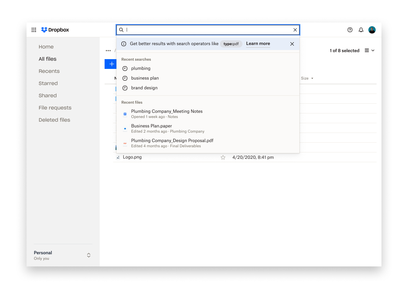 screenshots of progress work for the design and development of search operators in Dropbox product experience