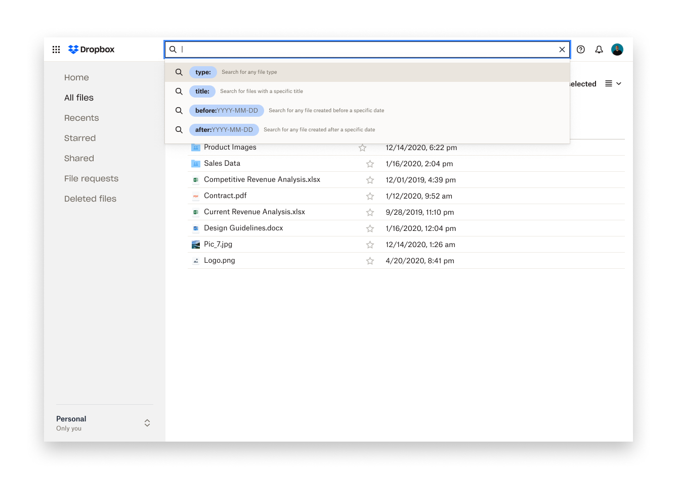 screenshots of progress work for the design and development of search operators in Dropbox product experience